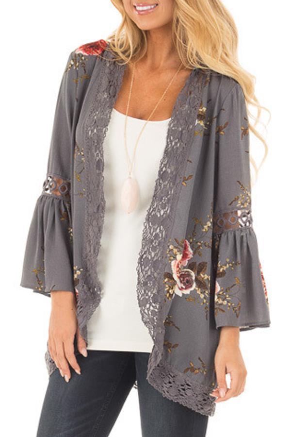 Flare Sleeve Floral Print Lace Blouse Blouses & Shirts 5201805021530 S gray 