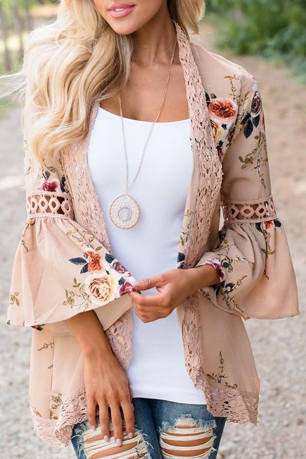 Flare Sleeve Floral Print Lace Blouse Blouses & Shirts 5201805021530 S khaki 