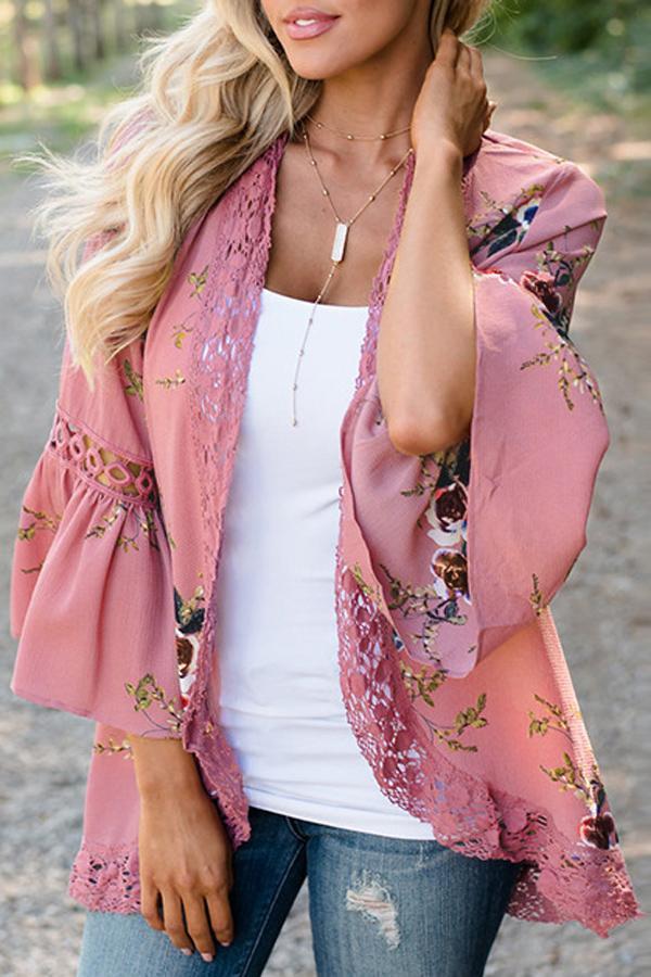 Flare Sleeve Floral Print Lace Blouse Blouses & Shirts 5201805021530 S pink 
