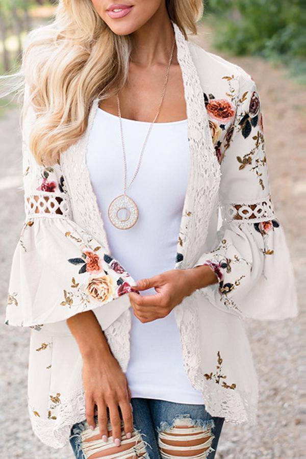 Flare Sleeve Floral Print Lace Blouse Blouses & Shirts 5201805021530 S white 