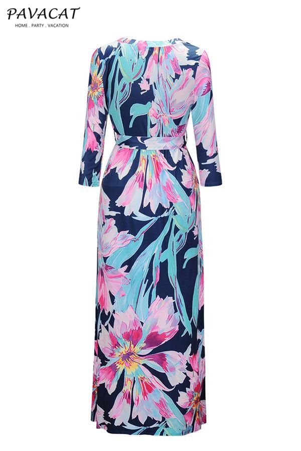 Robe longue fleurie à manches mi-longues