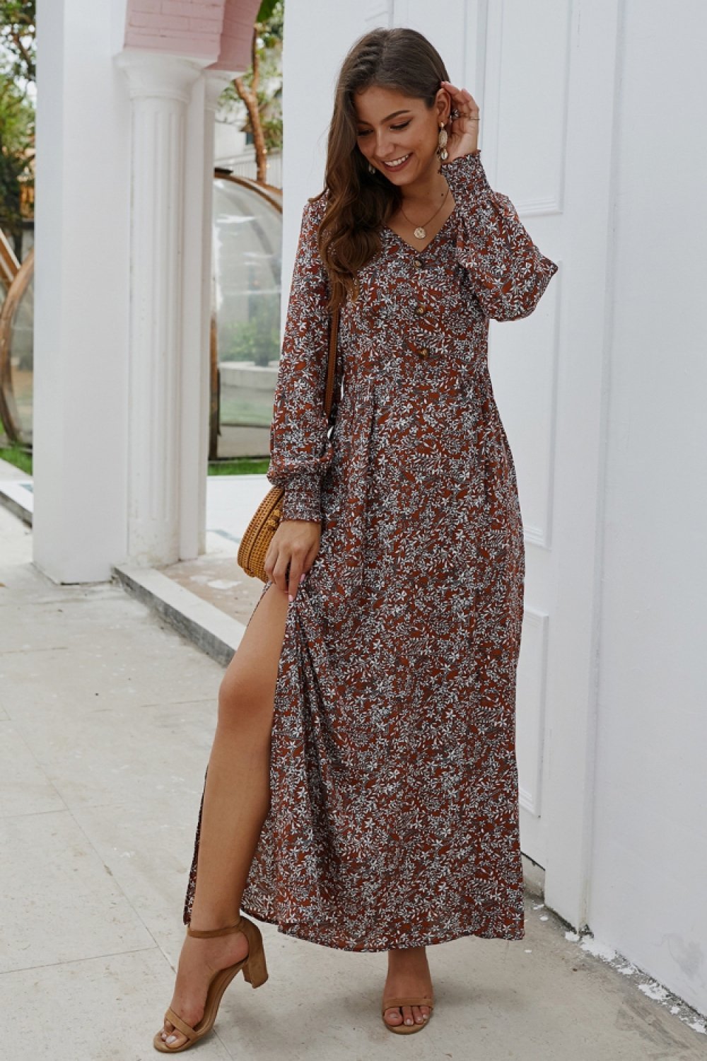 Floral V Neck Long-sleeved Mid Dress - Pavacat