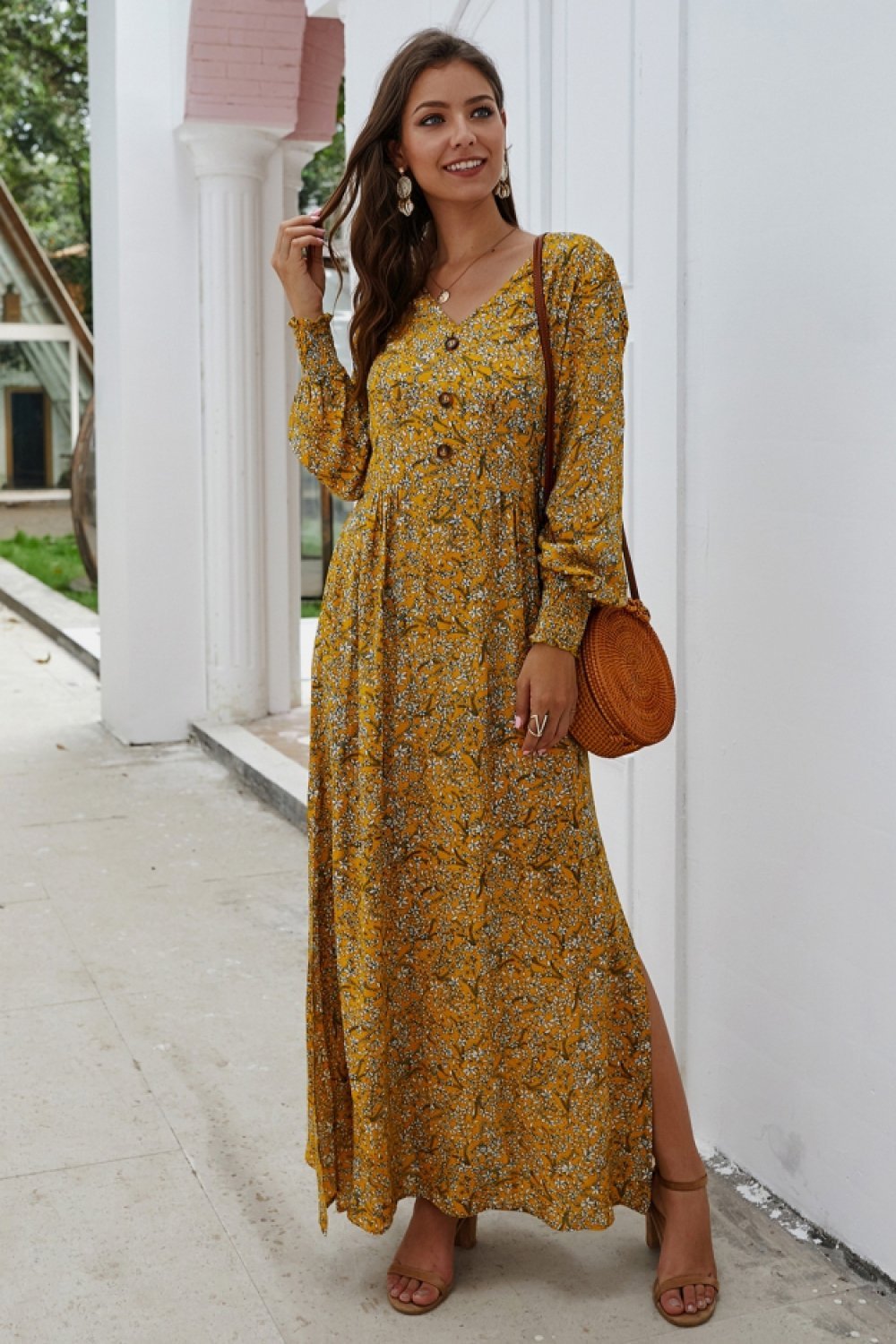 Floral V Neck Long-sleeved Mid Dress - Pavacat
