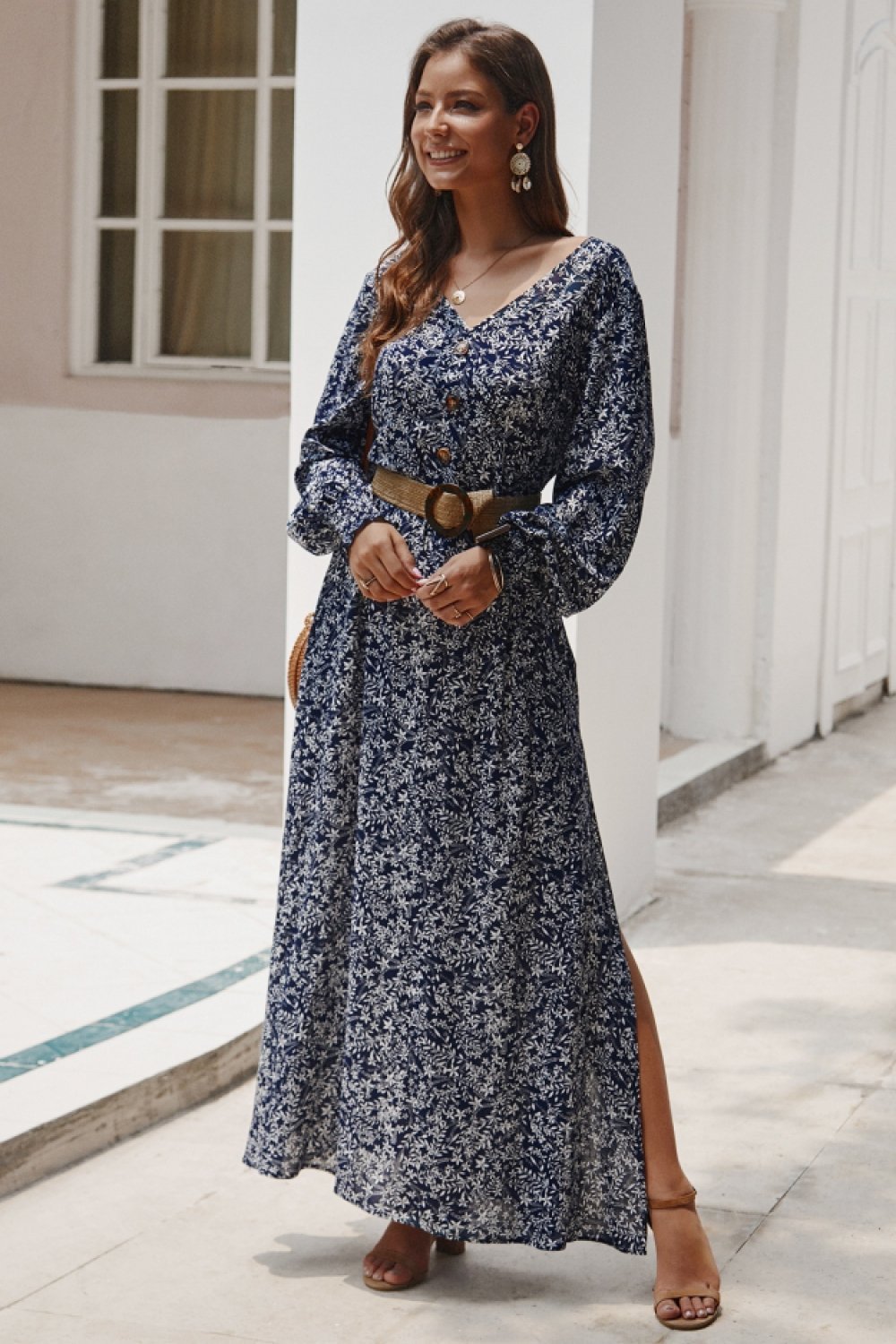 Floral V Neck Long-sleeved Mid Dress - Pavacat