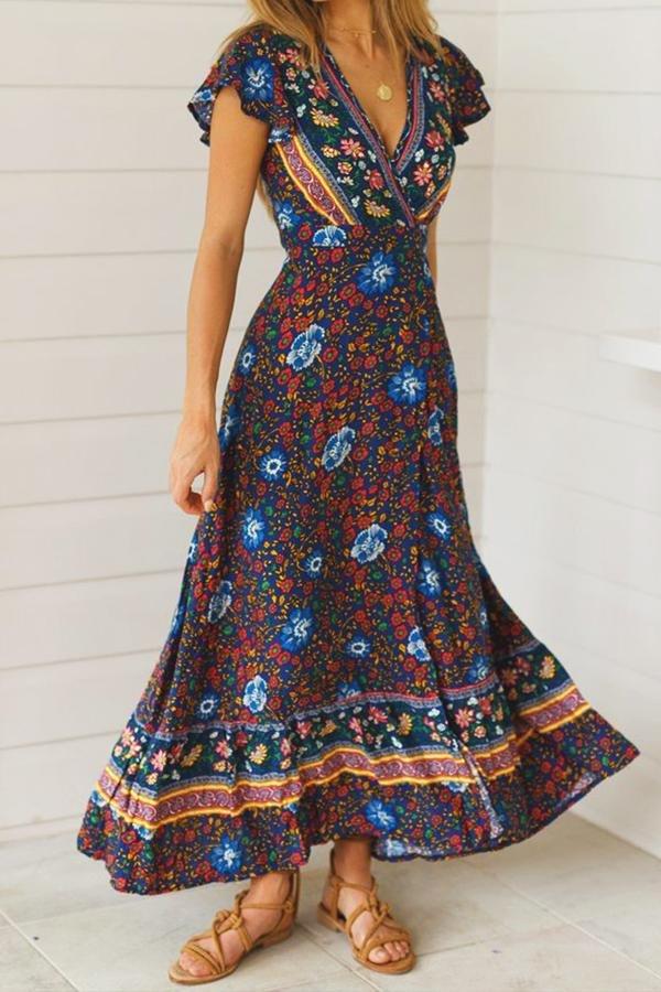 Floral V Neck Slit Bohemian Dress Dress 5201903111044 L pink 