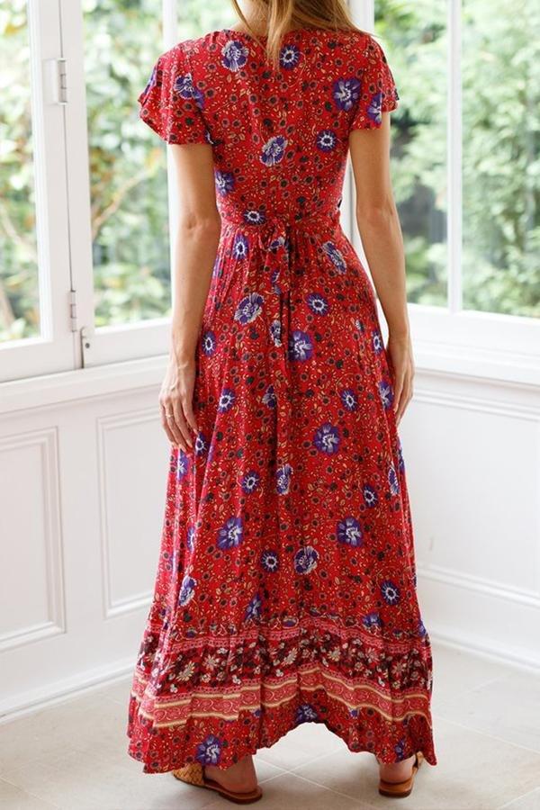 Floral V Neck Slit Bohemian Dress Dress 5201903111044 L navy 