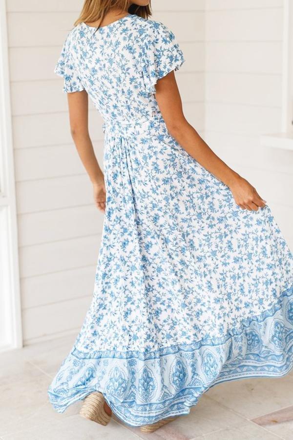Floral V Neck Slit Bohemian Dress Dress 5201903111044 L blue 
