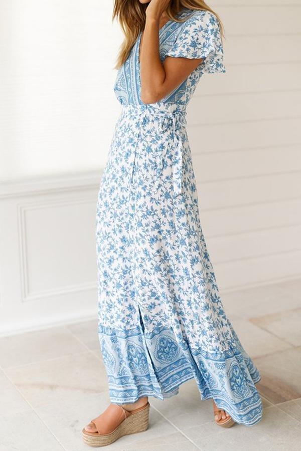 Floral V Neck Slit Bohemian Dress Dress 5201903111044 