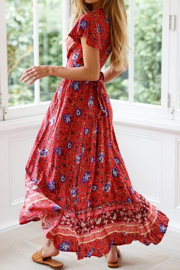 Floral V Neck Slit Bohemian Dress Dress 5201903111044 