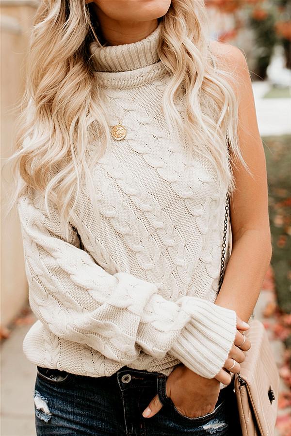 Frost Cable Knit One Sleeve Sweater - White Pullover Aliexpress 
