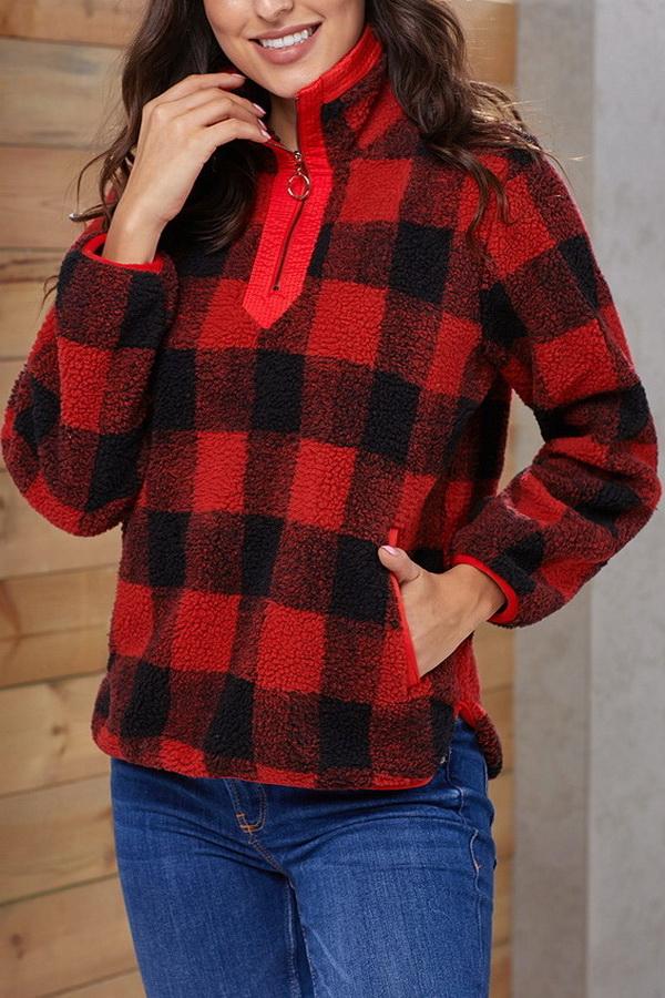 High-collar Checked Plush Plaid Sweater Pullover 5201906151552 