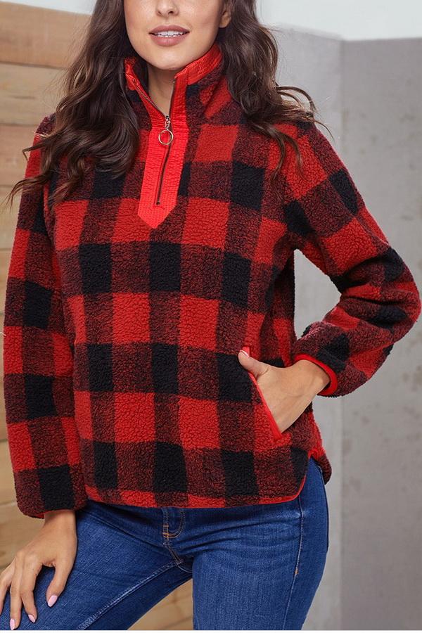 High-collar Checked Plush Plaid Sweater Pullover 5201906151552 