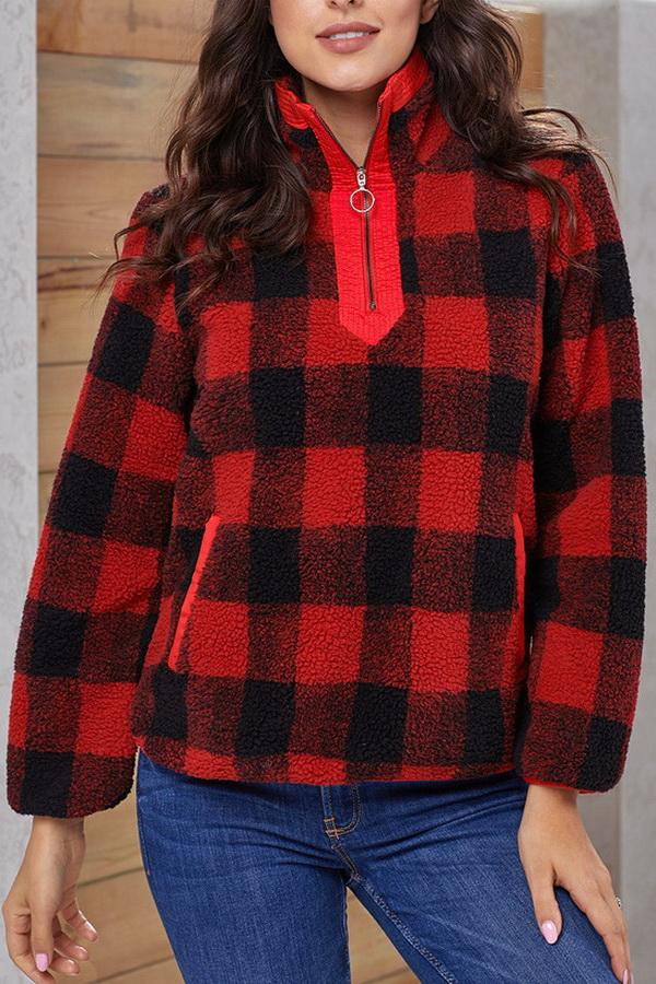 High-collar Checked Plush Plaid Sweater Pullover 5201906151552 L red 