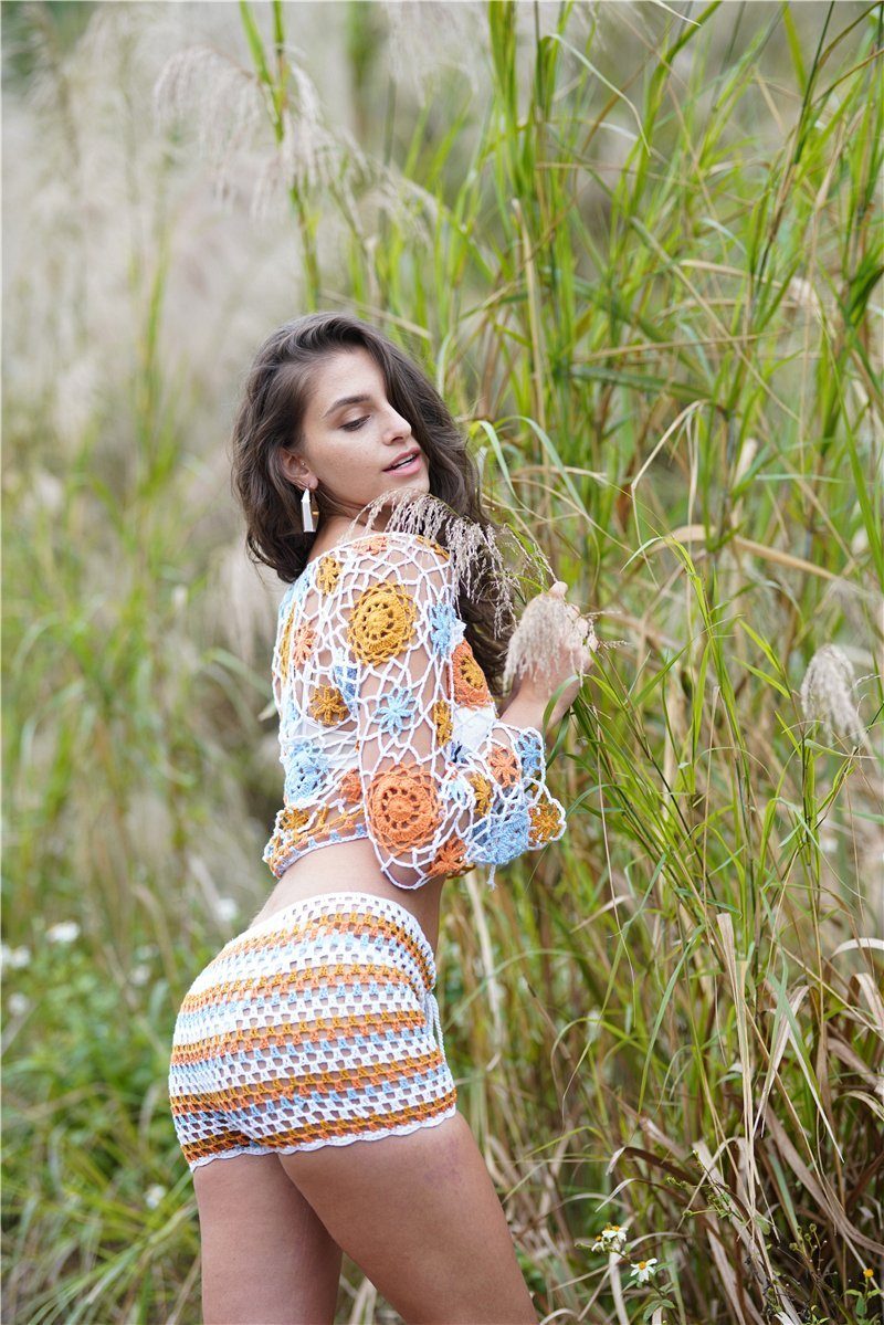 Hollow Knitted Striped Polychrome Shorts Pants xiaolai 