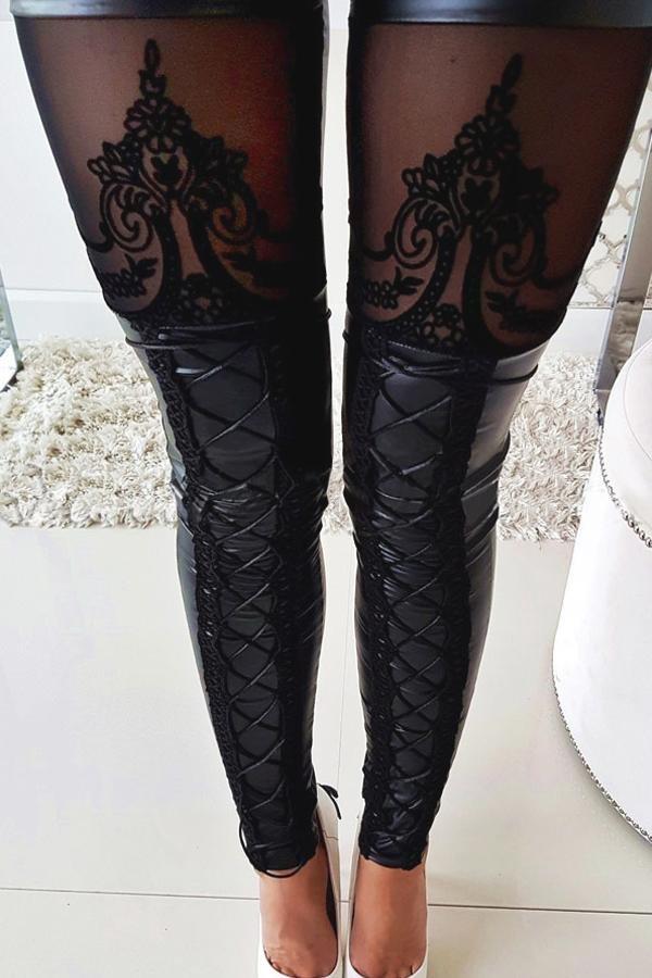 Lace Hollow Out Leather Pants Pants 5201903041613 