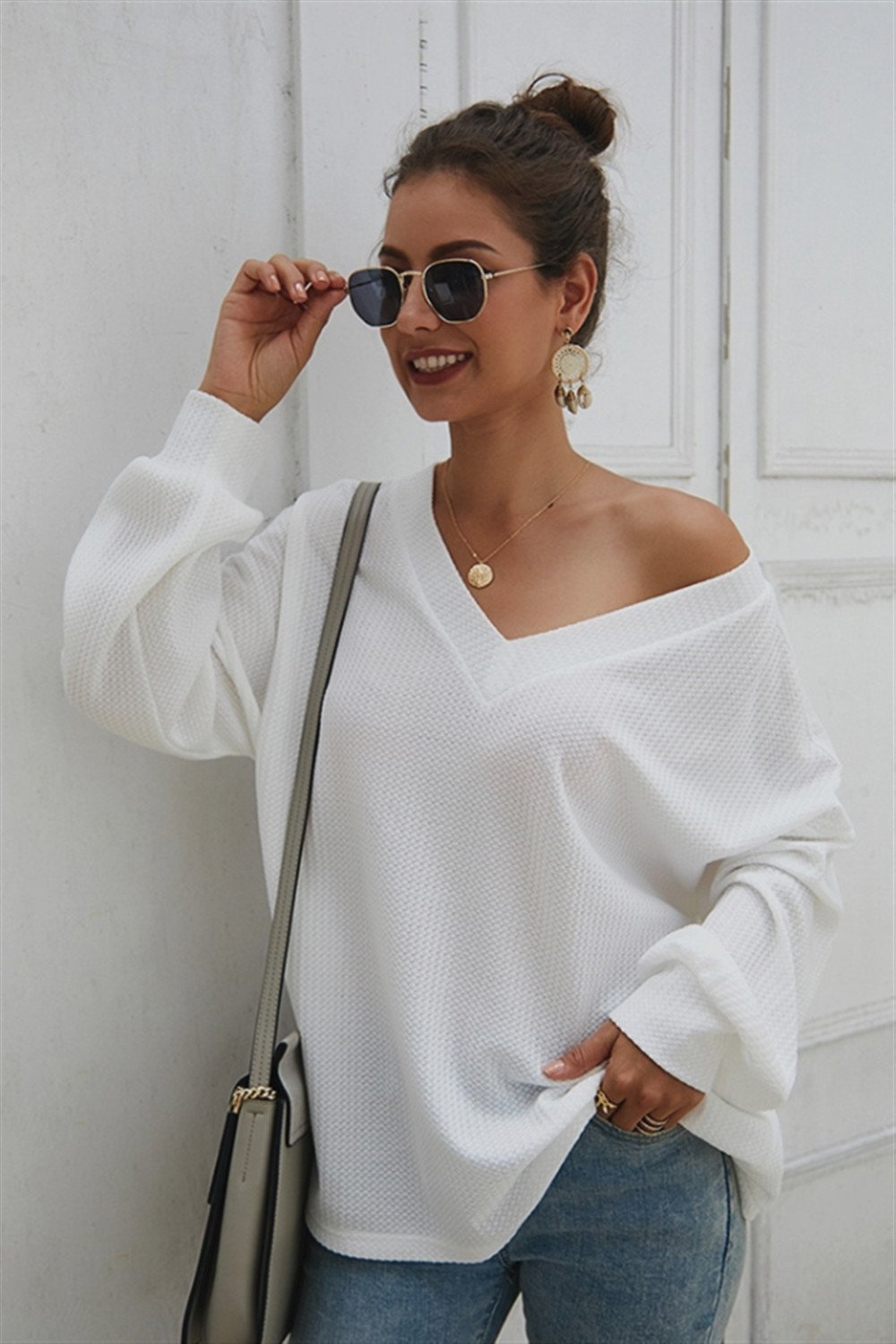 Lantern Sleeve V Neck Loose Sweater - Pavacat