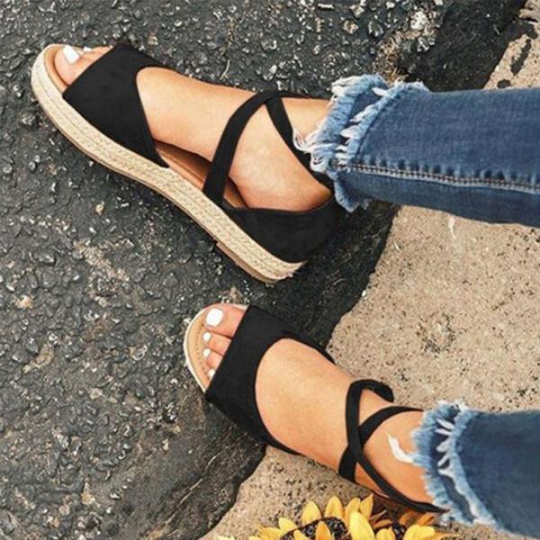 Large Size Fashion Flat Heel Strap Flats Sandals Lace-up Shoes Sandals Pavacat US5.5(LABEL SIZE 35) Black 