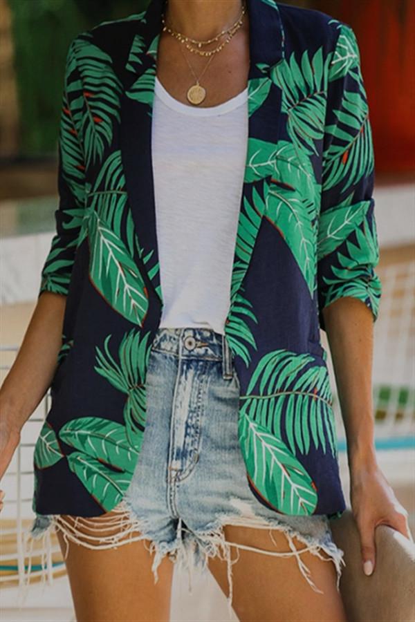 Leaves Print Turn-Down Collar Blazer - Pavacat