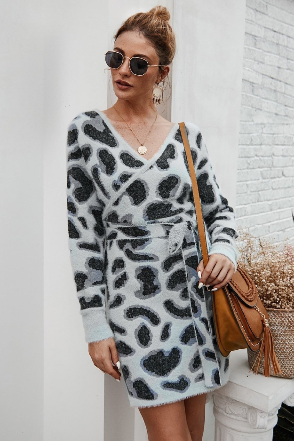 Leopard Long-sleeved Belt Short Dress - Pavacat