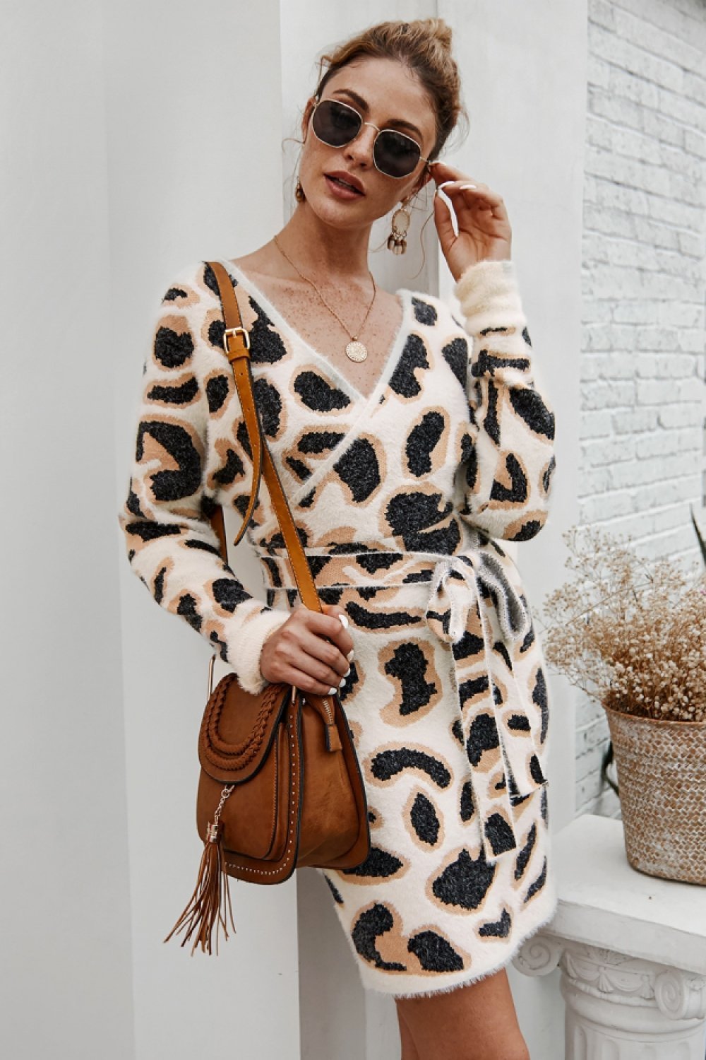 Leopard Long-sleeved Belt Short Dress - Pavacat