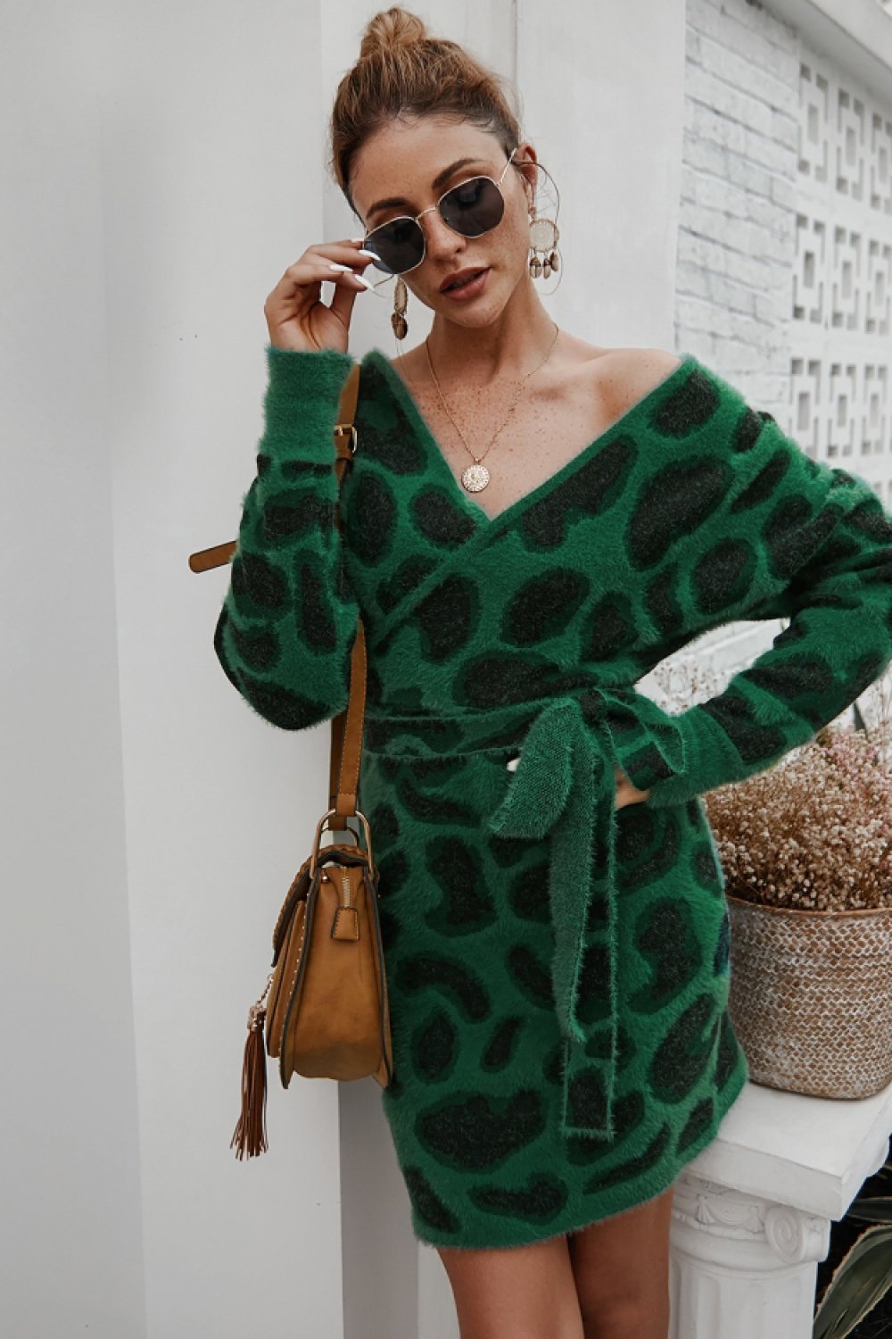 Leopard Long-sleeved Belt Short Dress - Pavacat