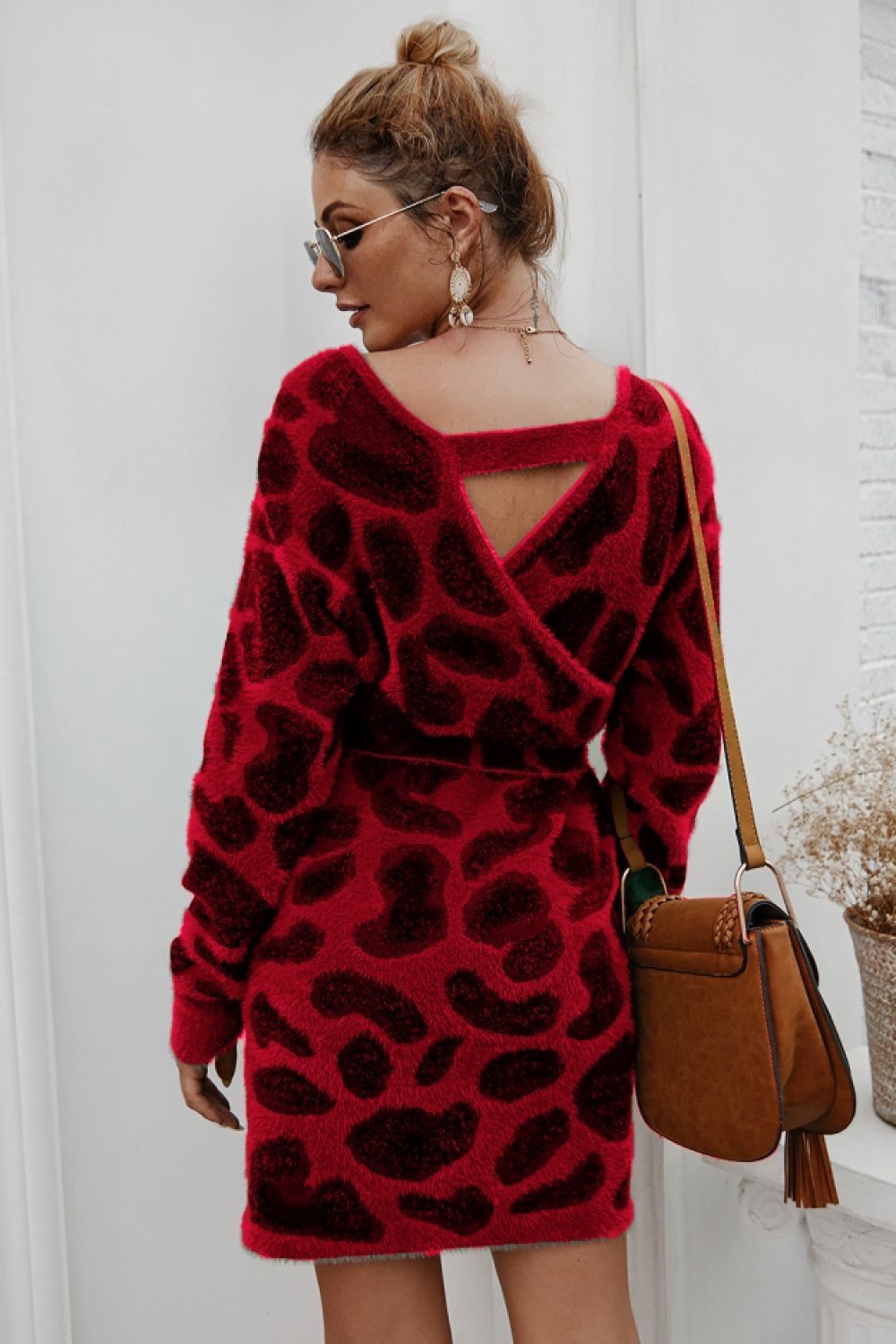 Leopard Long-sleeved Belt Short Dress - Pavacat