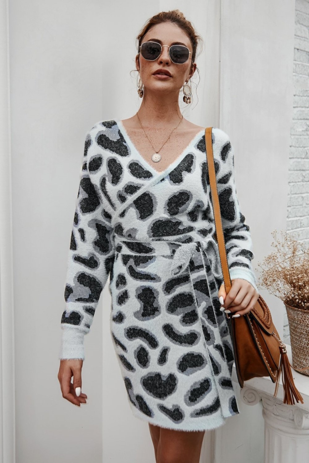 Leopard Long-sleeved Belt Short Dress - Pavacat