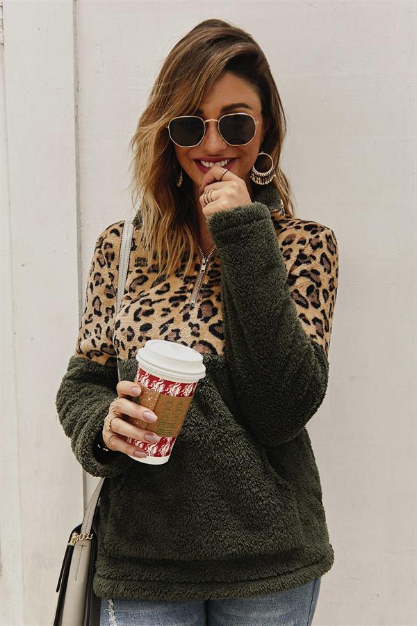 Leopard Pattern Stitching Fleece Pullover - Pavacat