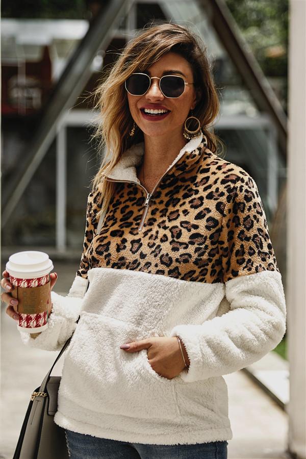Leopard Pattern Stitching Fleece Pullover - Pavacat