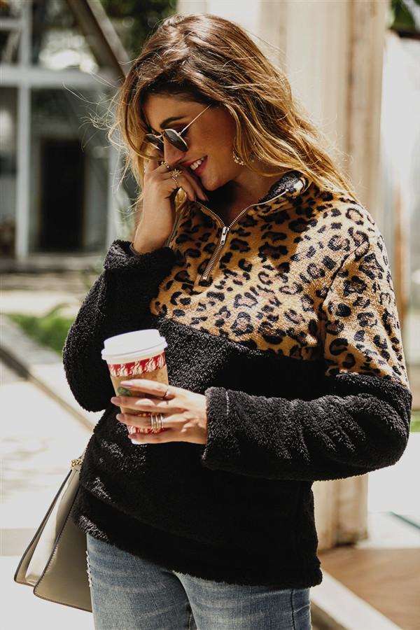 Leopard Pattern Stitching Fleece Pullover - Pavacat