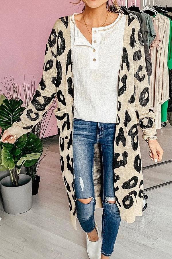 Leopard Print Long Sweater Coat - Pavacat