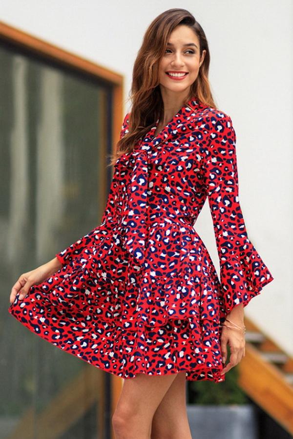Leopard Thrn-down Collar Belt Dress - Pavacat