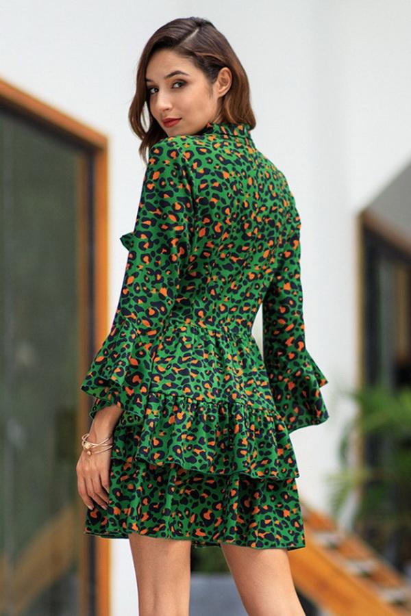 Leopard Thrn-down Collar Belt Dress - Pavacat