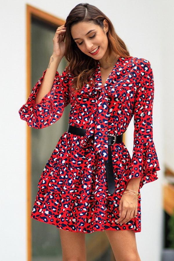 Leopard Thrn-down Collar Belt Dress - Pavacat