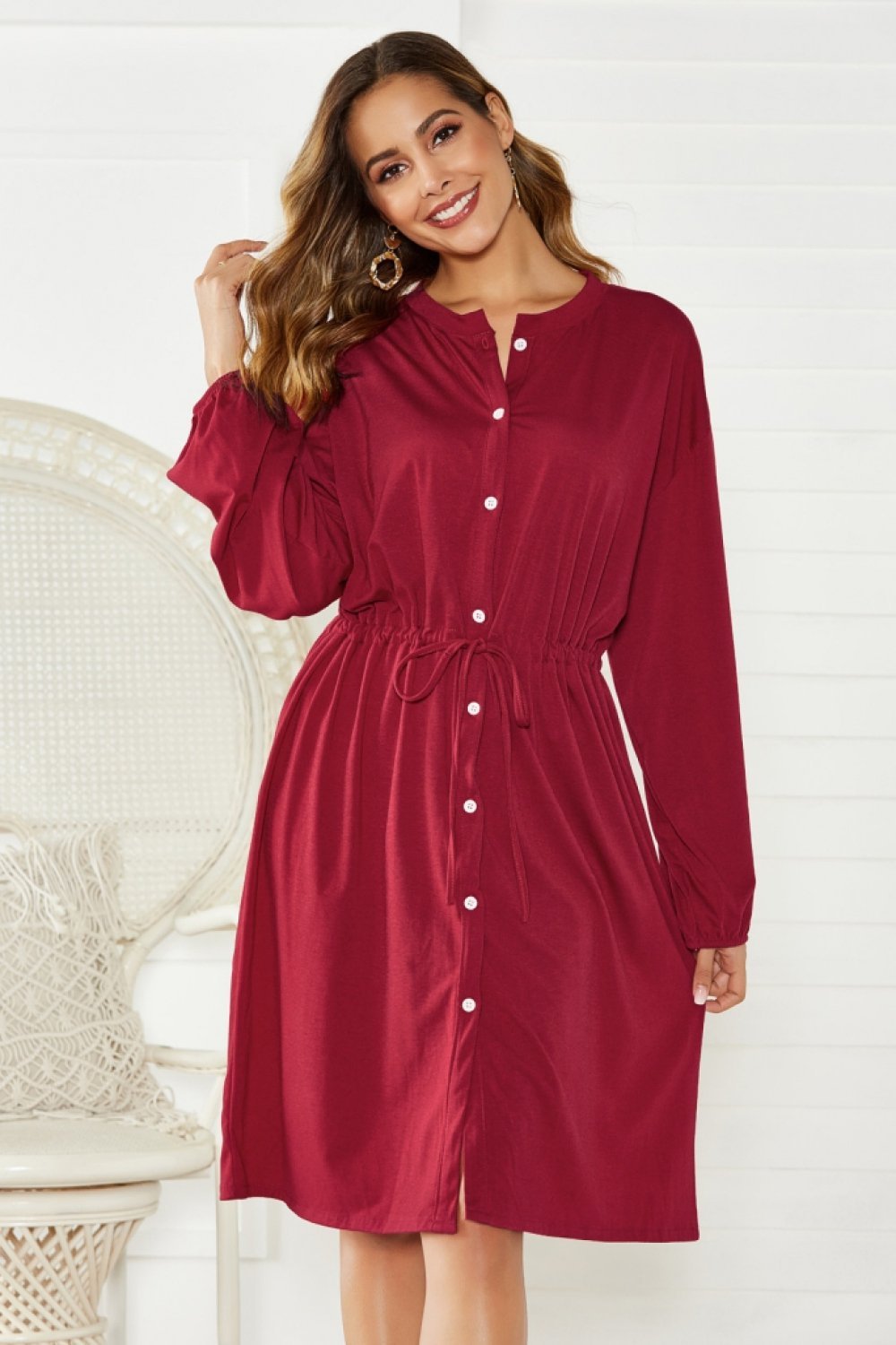 Long Sleeve Mid Length Drawstring Dress - Pavacat