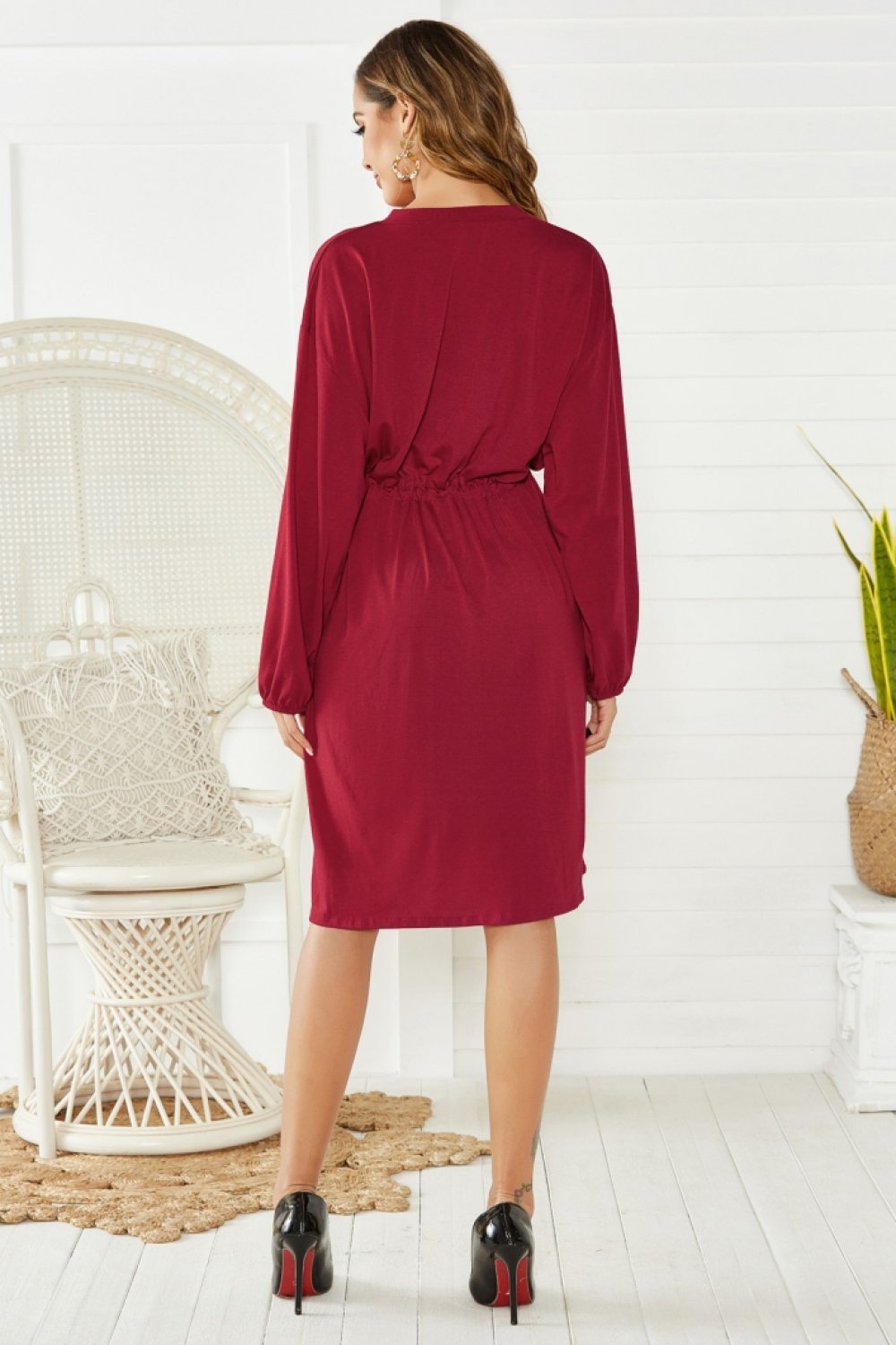 Long Sleeve Mid Length Drawstring Dress - Pavacat