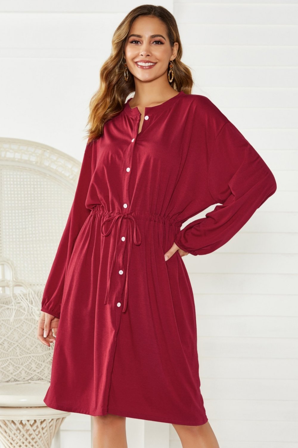 Long Sleeve Mid Length Drawstring Dress - Pavacat