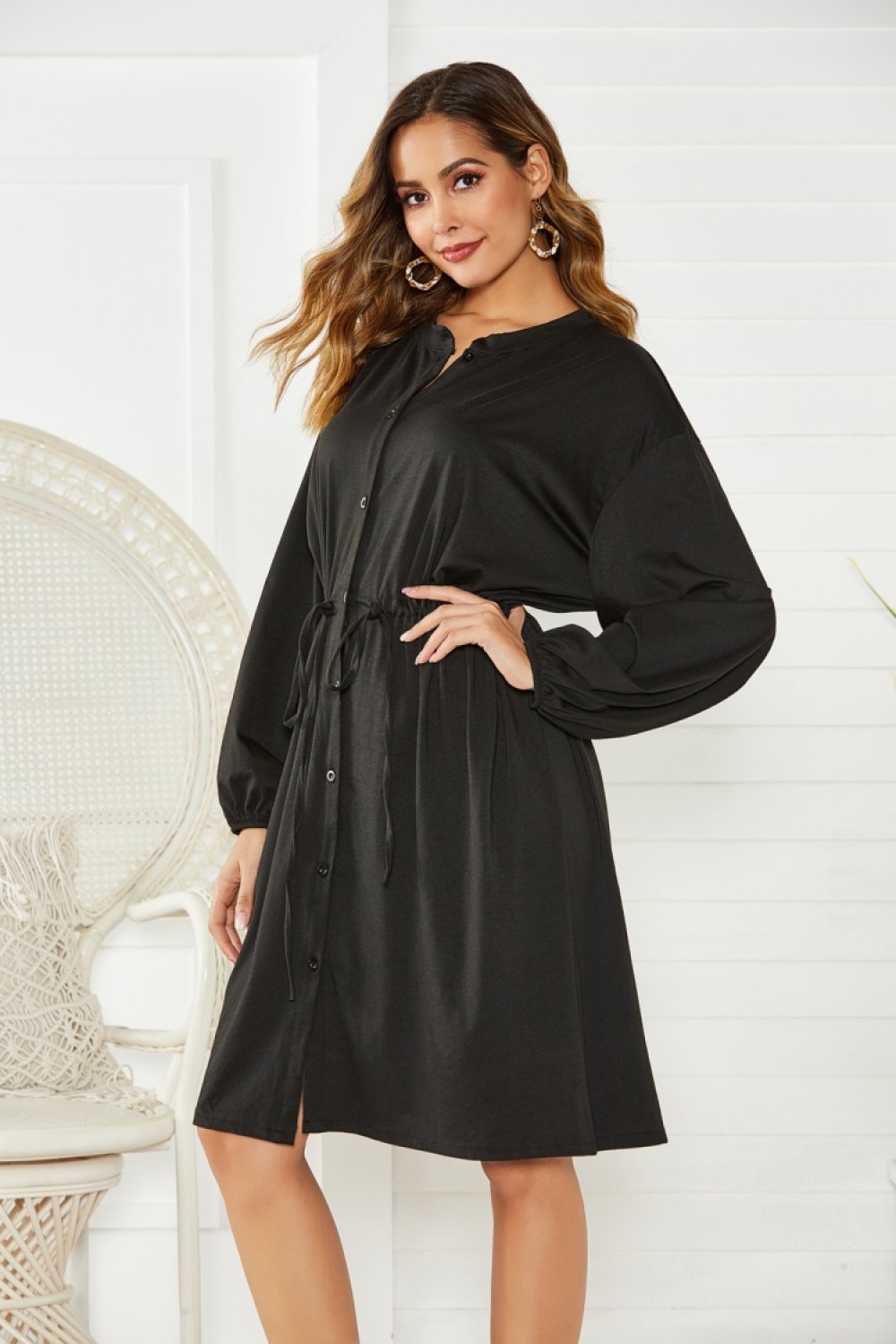 Long Sleeve Mid Length Drawstring Dress - Pavacat