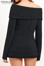 Off Shoulder Side Split Dipped Hem Knit Jumper Pullover chicnico 