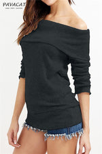 Off Shoulder Side Split Dipped Hem Knit Jumper Pullover chicnico S Black 