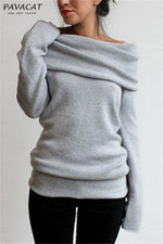 Off Shoulder Side Split Dipped Hem Knit Jumper Pullover chicnico S Gray 