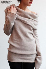 Off Shoulder Side Split Dipped Hem Knit Jumper Pullover chicnico S Khaki 