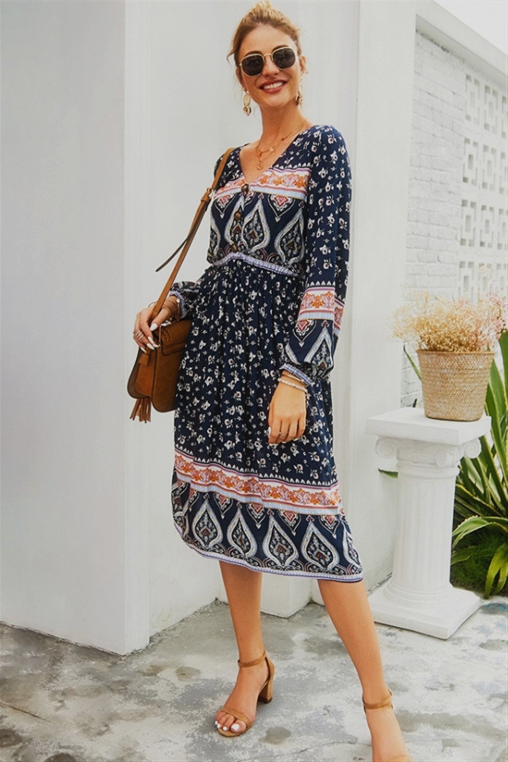 Paisley V Neck Long-sleeved Dress - Pavacat