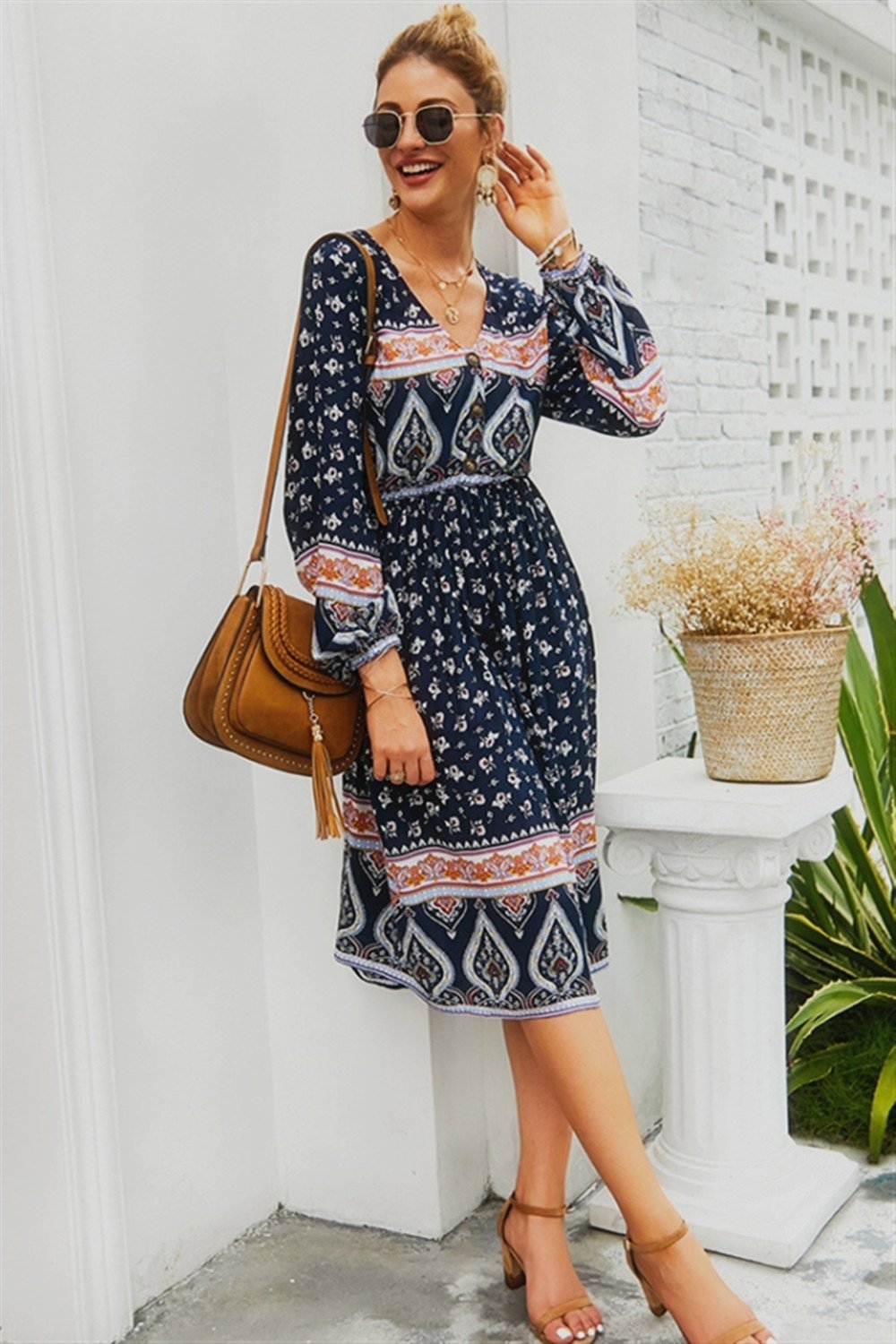Paisley V Neck Long-sleeved Dress - Pavacat