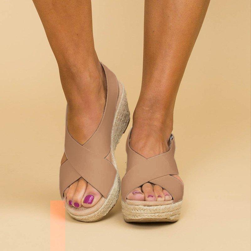 Peep Toe Magic Tape Wedges Crossed Sandals Sandals Pavacat US5.5(LABEL SIZE 35) Apricot 