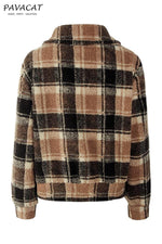 Plaid Faux Fur Cropped Biker Down Jacket Coat Simplee 