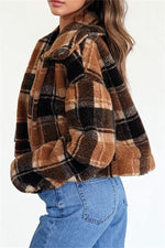 Plaid Faux Fur Cropped Biker Down Jacket Coat Simplee 
