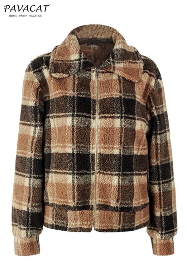 Plaid Faux Fur Cropped Biker Down Jacket Coat Simplee 