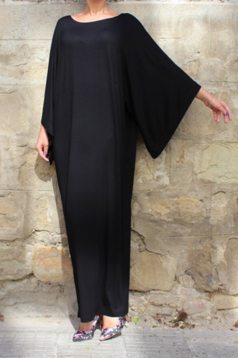 Plain Batwing Sleeve Elastic Waist Dress - Pavacat