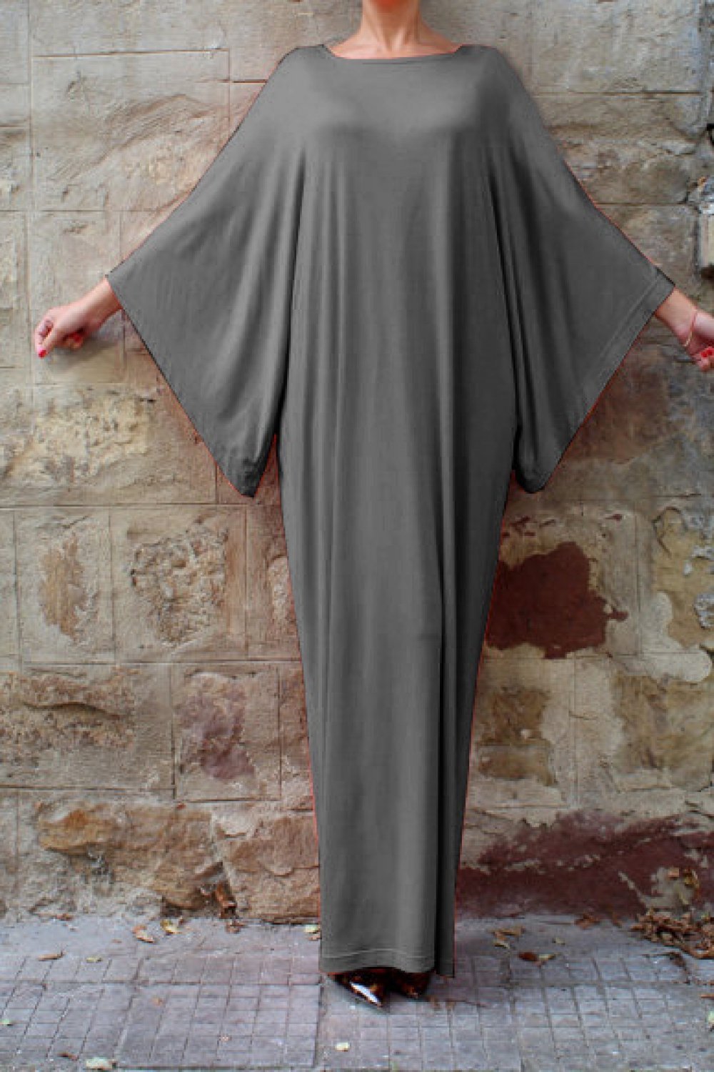 Plain Batwing Sleeve Elastic Waist Dress - Pavacat
